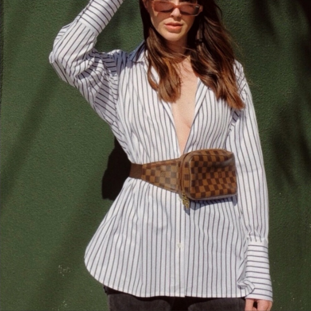 FRAME DENIM Oversized Striped Button-Down Shirt, Stand up Collar, Size XS